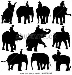 silhouettes of elephants with riders on their backs and back, all in different positions