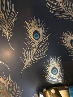 the wall paper has peacock feathers on it