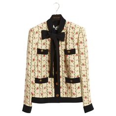 Gucci jacket from the Fall Winter 2018 collection in ecru silk crepe printed with a "shabby" floral pattern in pink tones, trimmed with a wide black edge all around, round lavaliere collar closed in front with 6 gold metal buttons, patch pockets on the back chest and hips closed with 4 buttons decorated with wolf heads, long buttoned sleeves (buttons identical to the front closure), black crepe lining. Size 42IT or 38FR: middle 41 cm, chest 52 cm, length 62 cm, sleeves 62 cm. The jacket is new w Gucci Jacket, Jacket Beige, Gucci Outfits, Evening Jackets, Alessandro Michele, Pink Tone, Silk Crepe, Outerwear Sweater, The Fall