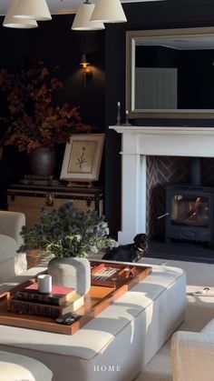 a living room filled with furniture and a fire place