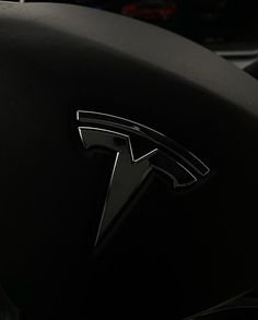 the tesla logo is shown on the seat of a car in this photo, it appears to be black