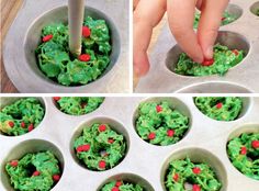 the process of making cupcakes with green frosting and red sprinkles