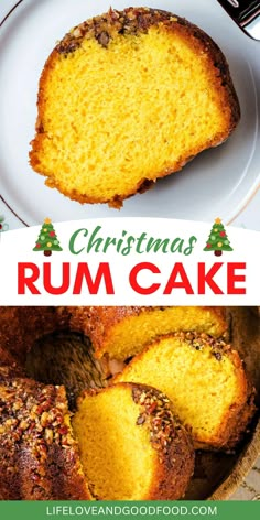 a christmas rum cake on a white plate with the title in red and green above it