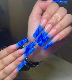 Blue Ombre Acrylic Nails Coffin, Blue Xxl Nails, Blue Freestyle Nails, Royal Blue Ombre Nails, Long Blue Acrylic Nails, Baddie Nails Acrylic Blue, Dope Blue Nails, Long Nails Blue, Long Blue Nails