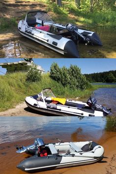 two boats are parked on the shore and one is in the water with its motor