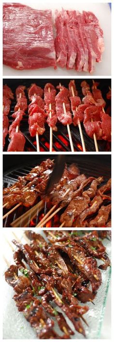 different types of meat being cooked on the grill