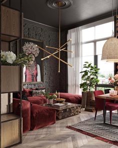 a living room filled with lots of furniture next to a large window and potted plants