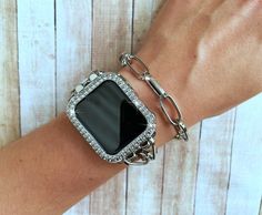 "Super elegant and exquisite handmade chain link apple watch bracelet. Made to create a unique look to your favorite watch and make you feel special during all day and even night. The bracelet is made from silver plated brass chain links and decorated with silver plated details , chain extension and lobster claw clasp. This bracelet is designed to fit wrist sizes from 5.5\" to 7.5\" PLEASE, MEASURE YOUR WRIST BEFORE ORDERING THE BAND. HOW TO MEASURE: Using a fabric tape measure, encircle the par Apple Watch Bracelet, Apple Watch Bracelets, Smart Jewelry, Silver Link Chain, Handmade Chain, Iwatch Apple, Watch Bracelet, Chain Links, Silver Chain Bracelet