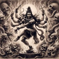 a drawing of a demon surrounded by skulls and other demonic creatures in black and white