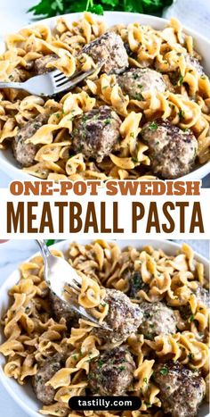 one pot swedish meatball pasta in a white bowl with a fork and parsley on the side