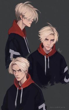 three different poses of a boy in black and red hoodie