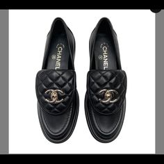 Best Seller! Very Hard To Find, Chanel Black Loafers Size 35.5 (Run 1/2 Size Small) Shoes Wishlist, Chanel Loafers, Coffee Date Outfits, Lock Logo, Chanel Black And White, Chanel Flats, Chanel Camellia, Chanel Logo, Leather Sandals Flat