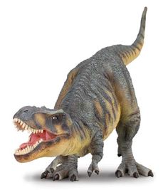 a toy dinosaur with its mouth open on a white background