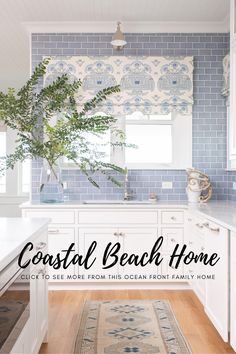 a blue and white bathroom with the words coastal beach home click to see more from this oceanfront family home