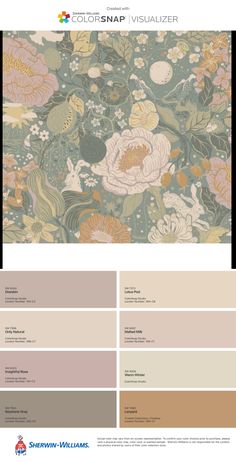 the color scheme for this wallpaper is beige, brown and green with flowers on it