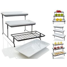 three tiered serving trays with different types of food on top and below them