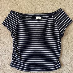 Brand New! Brandy Melville Stripped Blue Black And White Off The Shoulder Crop Top Cropped Polo Shirt, American Eagle Crop Top, Black And White Top, Stripped Tops, White Off The Shoulder, Denim Crop Top, Black And White Tops, School Shopping, Striped Crop Top