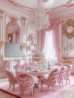 a fancy dining room with pink chairs and chandelier