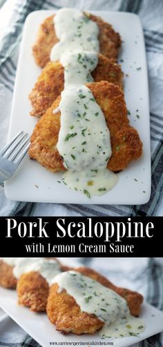 pork scallopine with lemon cream sauce served on a white platter and topped with parsley