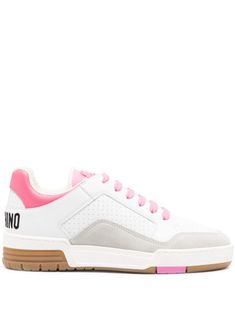 white/multicolour calf leather panelled design perforated detailing signature Teddy Bear motif logo-embossed tongue logo print to the rear contrasting heel counter front lace-up fastening round toe branded insole flat rubber sole Moschino Sneakers, Moschino Teddy Bear, Panel Design, Sneakers White, Leather Sneakers, Logo Print, Womens Shoes Sneakers, Moschino, Calf Leather