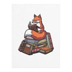 a fox reading a book while sitting on top of a pile of books and holding a mouse