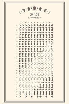 a calendar with the moon and phases on it, as well as numbers for each month