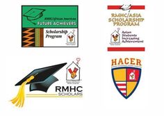 four different logos for the school and their graduation caps are shown in red, green, yellow and blue