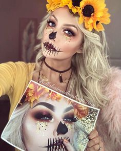 Whitney Renee’ Anderson***Orme*** Scarecrow 💀#fall#halloween#skull#scarecrow#glitter#crypretty#mua#makeup#costume#live#tutorial#follow#fb#bellahairandmakeupbywhitneyreneeandersonorme#belladollbeauty#sunflowers#crown#curls#blonde#seattle#tacoma#makeupartist Diy Scarecrow Costume, Scarecrow Halloween Makeup, Maquillage Halloween Simple, Halloween Costumes Scarecrow, Scarecrow Makeup, Holloween Makeup, Cute Halloween Makeup, Halloween Makeup Pretty