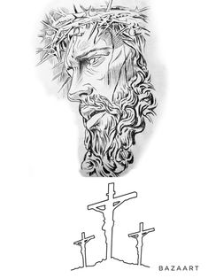 a black and white drawing of the face of jesus