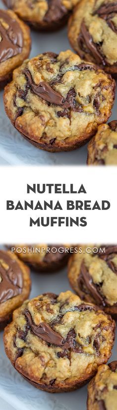 chocolate chip nutella banana bread muffins on a white plate with text overlay