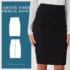 a woman wearing a pencil skirt and white shirt with the text above it that reads, above knee pencil skirt