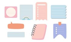 a collection of different types of notepads and paper clips on a white background