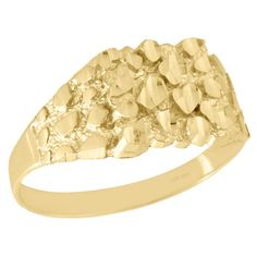 A strong, textured and intricate nugget design creates this bold men's statement / fashion ring. Crafted in real 10K yellow gold, this statement ring is high polished to a bright shine. This dynamic mens fashion pinky ring is the ideal choice for fashion forward men. The pinky ring design was intricately thought out so it can worn for any occasion, no matter how casual or fancy. This ring measures 10.50mm wide at the center and is 2.2 grams of gold. (2.20 gr. of 10K Yellow Gold | Width: 10.50mm Gold Nugget Ring, Mens Rings For Sale, 10k Gold Bracelet, 10k Gold Chain, Engraved Bar Necklace, Mens Rings Fashion, Statement Fashion, Gold Anklet, Gold Nugget