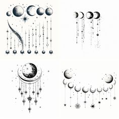 four different phases of the moon with stars and crescents on them, in black and white