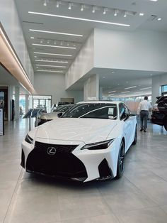 two white cars in a showroom with people looking at them