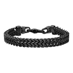 "Add something new and exciting to your daily look with this black ion-plated stainless steel franco chain bracelet. Add something new and exciting to your daily look with this black ion-plated stainless steel franco chain bracelet. Length: 8.5 in. Chain type: franco Metal: stainless steel Plating: black ion-plated Finish: polished Packaging: boxed Please note, due to the high value of this item, a signature may be required upon delivery. Size: 8.5"". Gender: male. Age Group: adult." Black Metal Chain Bracelet With Jubilee Style, Black Cuban Link Jewelry With Box Chain, Black Chain Bracelet With Adjustable Stainless Steel Clasp, Adjustable Black Chain Bracelet With Stainless Steel Clasp, Black Metal Bracelet With Box Chain, Black Stainless Steel Bracelet With Box Chain, Black Metal Bracelet With Stainless Steel Clasp, Black Metal Box Chain Bracelets, Adjustable Black Box Chain Bracelet