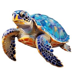 a blue and yellow turtle on a white background