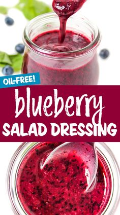 blueberry salad dressing in a jar with the title overlay reading, blueberry salad dressing