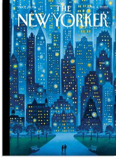 the new yorker magazine cover with two people standing in front of a city at night