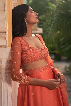 Shop for Zoon Orange Floral Placement Embroidered Lehenga Set for Women Online at Aza Fashions Placement Pattern, Sheer Dupatta, Orange Lehenga, Organza Embroidery, Organza Lehenga, Organza Blouse, Orange Satin, Embroidered Lehenga, Ready To Wear Saree