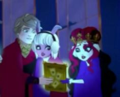 an animated image of two women and a man holding a box in front of them