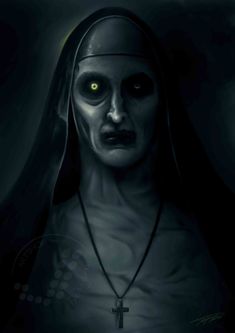 a creepy nun with glowing eyes and a cross necklace