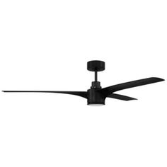 a black ceiling fan with three blades on the top and two lights on the bottom