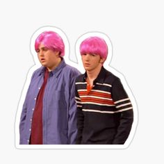 two men with pink hair standing next to each other