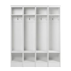 a white bookcase with three coats on the front and two coat racks behind it