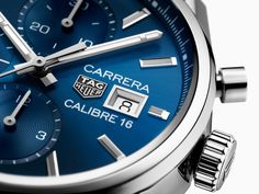 A contemporary classic. One of the bestselling chronographs in the Carrera collection, with blue sunray brushed dial, striking blue sub-dials and 3-row bracelet in rhodium-plated steel. Carrera Watch, Tag Heuer Carrera Chronograph, Tag Heuer Carrera Calibre, Heuer Carrera, Tag Heuer Carrera, Tag Heuer Watch, Latest Watches, Sport Automobile, Motor Racing