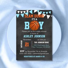 Awesome unique basketball theme baby shower invitations cards.  Chalkboard background with basketball SLAM DUNK! - Its a boy.  Blue and white colors. Editable template cards so you can add your information.  Get matching stickers for your gift favors. Basketball Theme Baby Shower, Baseball Baby Shower Invitations, Basketball Baby Shower, Baseball Baby Shower Theme, Basketball Baby, Boy Shower Invitations, Custom Baby Shower Invitations, Baby Shower Invitation Cards, Baseball Theme