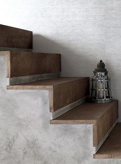 Bindery Wallpaper in Taupe design by Ronald Redding for York Wallcoverings Vstupná Hala, درج السلم, Diy Staircase, Escalier Design, Concrete Stairs, Grey Design, Lan Can, Industrial Interiors, Interior Stairs