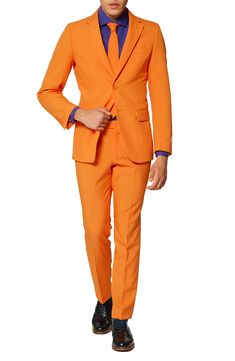 Formal style doesn't have to be rigid and boring. Make it fun with this bright orange two-piece suit and go against the grain with fresh, bold personality. Tailored for a modern fit, it includes a two-button suit jacket and trousers cleanly styled with tonal buttons and stitching, as well as a matching tie to pull the whole outfit together. Jacket has a two-button closure, notch lapels; nonfunctional four-button cuffs; chest pocket; front flap pockets; side vents. Trousers have a zip fly with bu