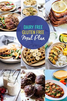 a collage of different images with the words dairy free gluten free meal plan